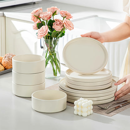 12\u002F24pcs Ceramic Dinnerware Set, Modern White Porcelain Plates And Bowls. Suitable For Kitchen & Restaurant & Dinner Use. Serving For Steak, Pasta, Salad, Dessert. Microwave & Dishwasher & Oven Safe. Elegant Gift For Weddings & Mother'S Day.