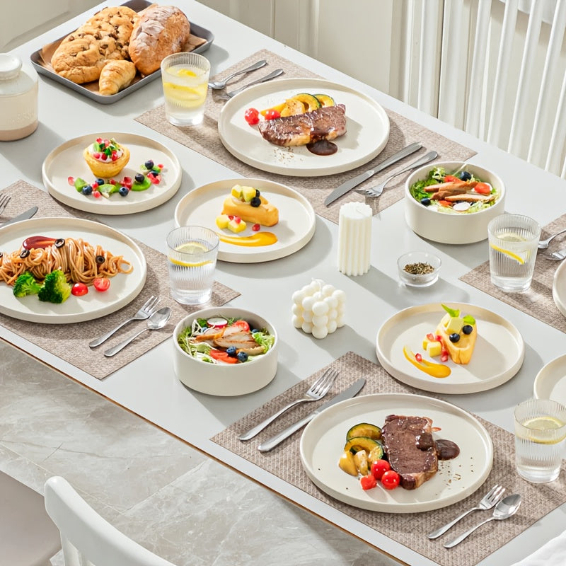 12\u002F24pcs Ceramic Dinnerware Set, Modern White Porcelain Plates And Bowls. Suitable For Kitchen & Restaurant & Dinner Use. Serving For Steak, Pasta, Salad, Dessert. Microwave & Dishwasher & Oven Safe. Elegant Gift For Weddings & Mother'S Day.