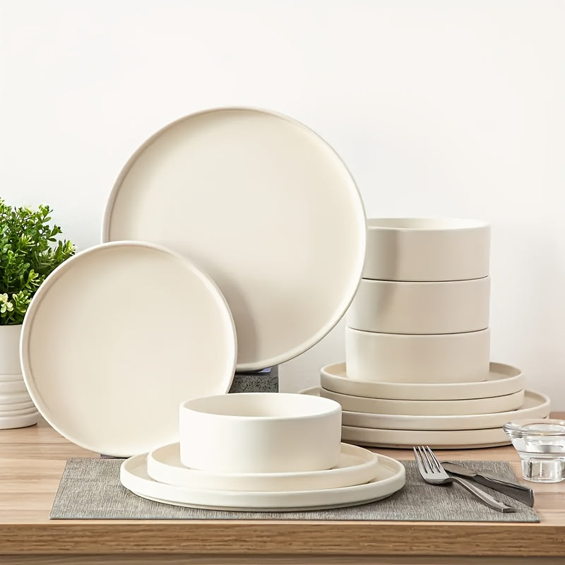 12\u002F24pcs Ceramic Dinnerware Set, Modern White Porcelain Plates And Bowls. Suitable For Kitchen & Restaurant & Dinner Use. Serving For Steak, Pasta, Salad, Dessert. Microwave & Dishwasher & Oven Safe. Elegant Gift For Weddings & Mother'S Day.