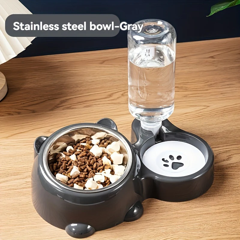 2-in-1 Automatic Pet Feeder & Water Dispenser, Stainless Steel & Plastic, Non-Slip Base, Dual Bowls with Paw Print Design for Cats and Small Dogs, No Batteries or Power Needed, Dog Feeder And Water Dispenser